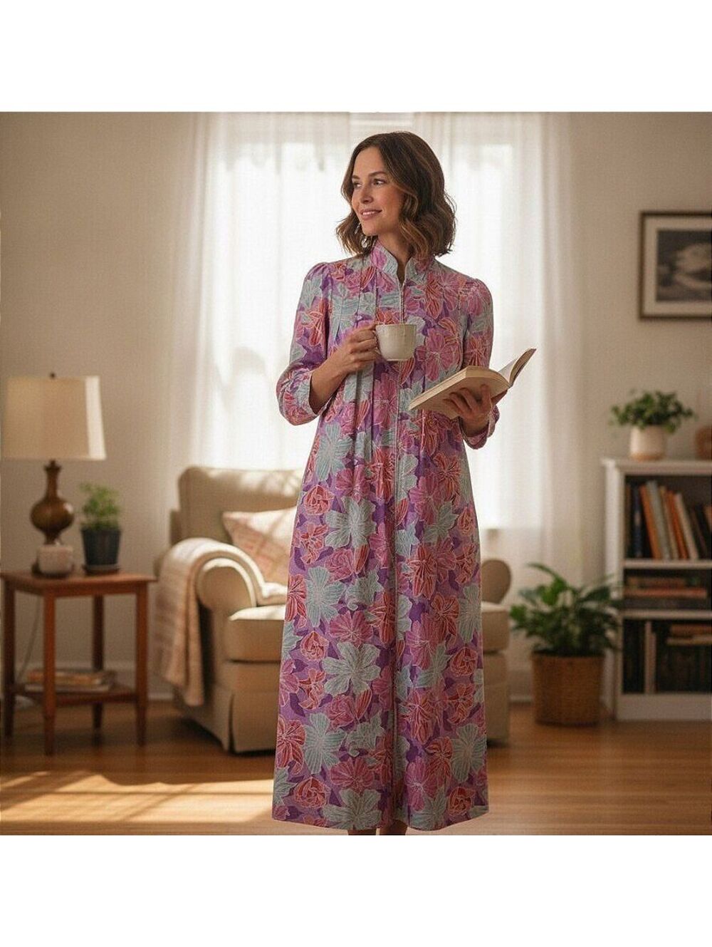 Vintage David Brown California Floral Kaftan Dress Housecoat Size SP 80s Retro